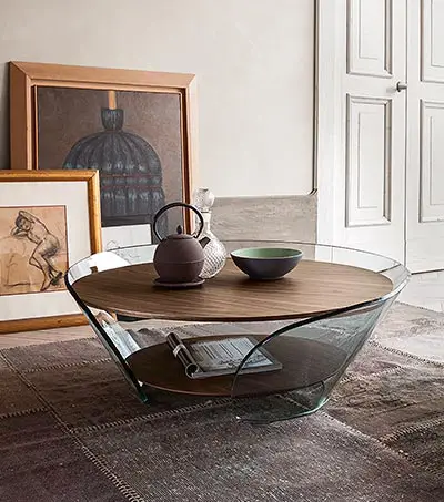 Moderner Couch-Tisch in Glas und Holz